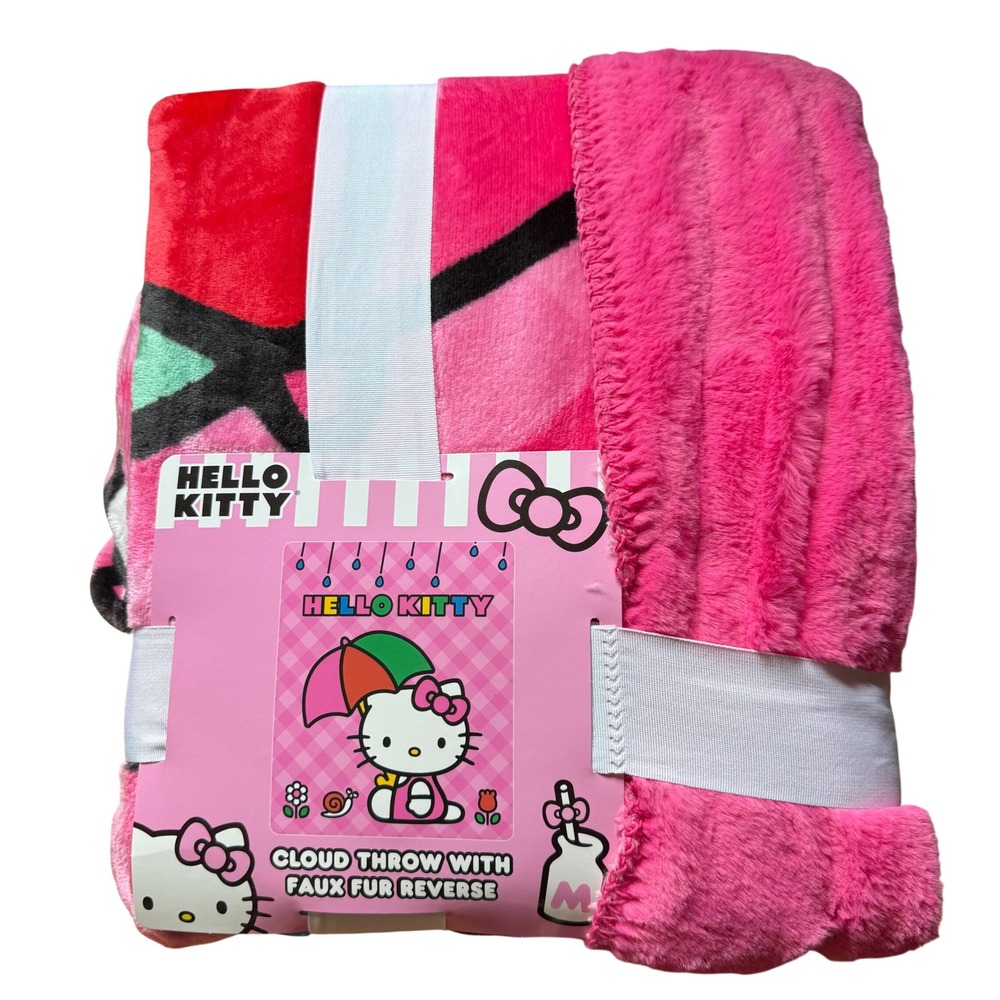 Sanrio Hello Kitty Cloud Throw Blanket Faux Fur Reverse Pink Rainy Day 50x60 NEW